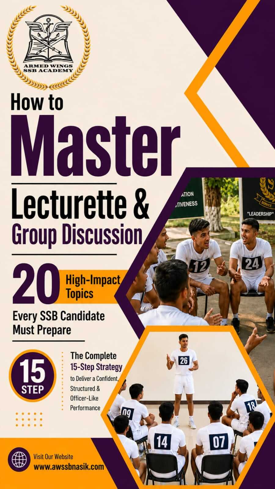 How to Master Lecturette & Group Discussion book cover featuring 20 high-impact SSB lecturette and group discussion topics with a complete 15-step strategy for confident, structured and officer-like performance in the SSB interview.